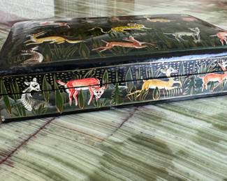 Vintage Lacquered Box With Deer Motif (India). Photo 1 of 3.