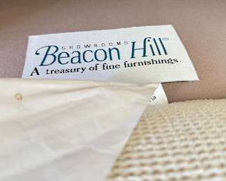 Vintage Beacon Hill Showroom Three Seat Down-Filled Sofa Upholstered in Neutral Fabric With Contrasting Welting. Photo 4 of 4.