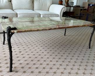 Vintage P.E. Guerin Green Marble Floating Cocktail Table with Faux Bois Legs (Stamped). Photo 1 of 7.