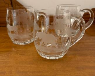 Set of 3 Scully & Scully Queen Lace Crystal Beer Mugs, African Wildlife.
