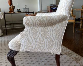 Vintage Chippendale Style Wing Back Chair In Neutral Upholstery. Photo 3 of 4.