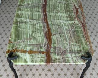 Vintage P.E. Guerin Green Marble Floating Cocktail Table with Faux Bois Legs (Stamped). Photo 4 of 7.