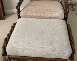 Mid-Century McQuire Rawhide and Rattan Barley Twist Chair with Matching Ottoman in Original Upholstery. Circa 1960. Photo 3 of 6.