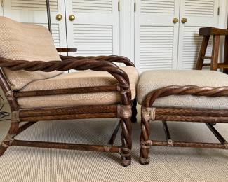 Mid-Century McQuire Rawhide and Rattan Barley Twist Chair with Matching Ottoman in Original Upholstery. Circa 1960. Photo 1 of 6. 