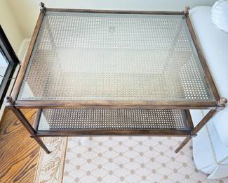 Pair of Vintage Cane & Wood Side Tables with Two Glass Topped Shelves. Photo 2 of 4.