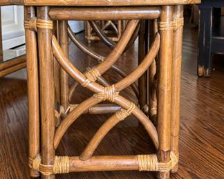 Vintage Mid-Century Bamboo & Rattan Console Table With Two Coordinating Hide-Away Benches. Photo 4 of 5.