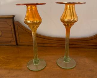 Rick Strini Iridescent Blown Glass Candlesticks. Photo 1 of 2.
