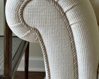 Vintage Beacon Hill Showroom Three Seat Down-Filled Sofa Upholstered in Neutral Fabric With Contrasting Welting. Photo 3 of 4.