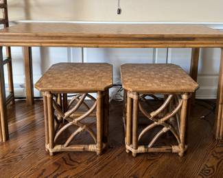 Vintage Mid-Century Bamboo & Rattan Console Table With Two Coordinating Hide-Away Benches. Photo 1 of 5.