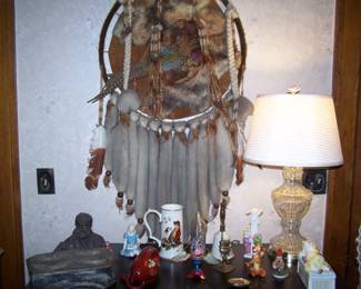 NAATIVE AMERICAN WALL HANGING, LAMP & SMALLS