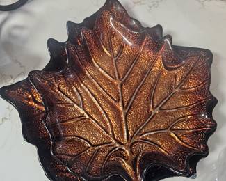 Iridescent Amber Bubbled Glass Leaf Shaped Canopy/Cookie Plate