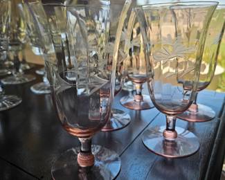 Vintage Set of Etched Flower, Pink Paneled Stemware