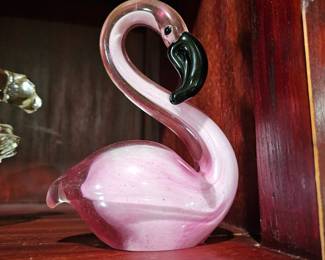Vintage Cased Glass Sitting Pink And White Flamingo With Black Beak Paperweight