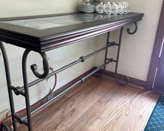 Sofa table, glass, wood and metal 