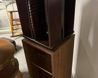 Wood cd spinning storage.
VHS storage shelf