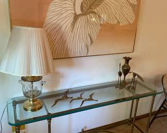 Vintage Brass Glass Entry Way Table. Mid Century Brass Flying Geese