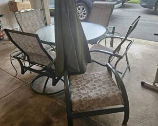 Patio Glass Tempered Table, Umbrella, Chairs, Umbrella Stand, Ottoman 
