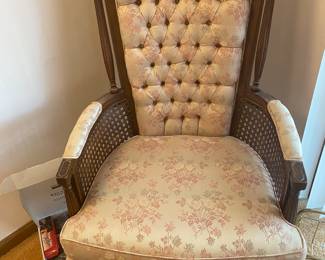 Vintage Pink White Silk Brocade Tufted Arm Chair ( pair)