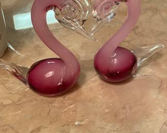 Vintage Pair Pink Murano Art Glass Love Swans
