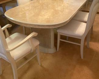 Fine's Gallery Pink White Faux Marble Dining Table, with Leaf. 2 White Arm Chairs, 4 Side Chairs Made in Italy