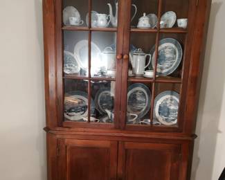 1800's Walnut corner cabinet 
Currier & Ives Blue Transferware
Tea Sets
