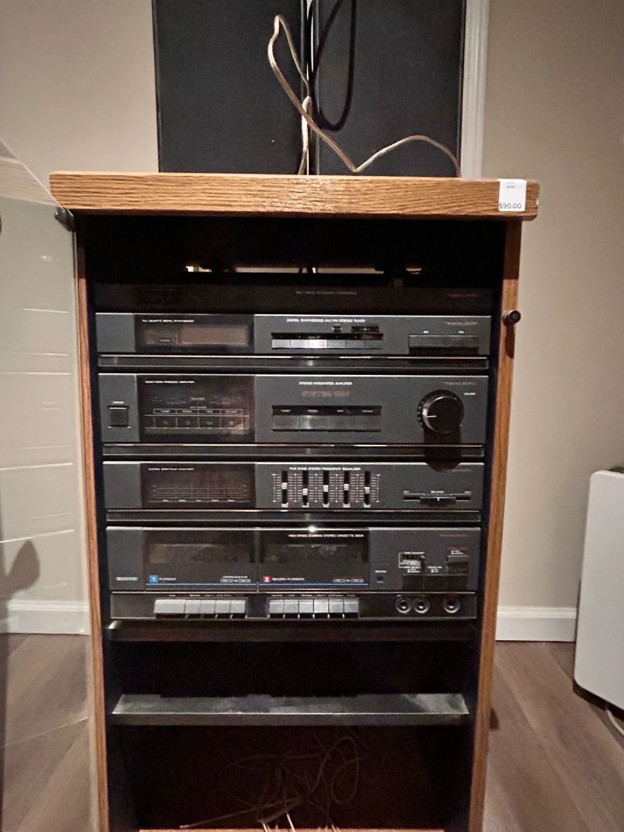 Nice Realistic Stereo System in Wood Display Case with Glass Door. AM/FM w/Turn Table, Cassette, 