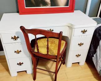 4 PIECE WHITE BEDROOM SET, DRESSER, DESK, END TABLE, FULL CAST IRON VINTAGE BED