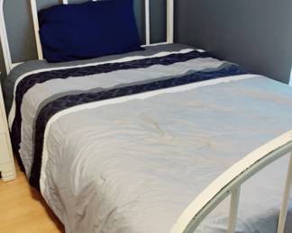 4 PIECE WHITE BEDROOM SET, DRESSER, DESK, END TABLE, FULL CAST IRON VINTAGE BED