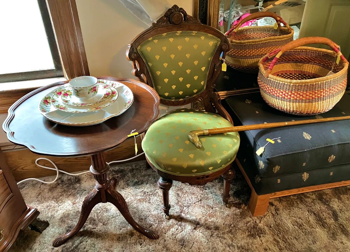 One of three pie crust tables; Victorian Chair; Hand Made Basket and Large Ottoman