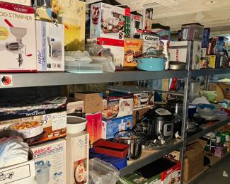 A Basement Full of small appliances (Most NEW), Kitchen Gadgets; Pots/Pans; Tupperware including Vintage Tupperware
