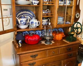 Quality Kitchen Cupboard filled with Blue Willow; Victorian Cruet Set; Coffee Mill