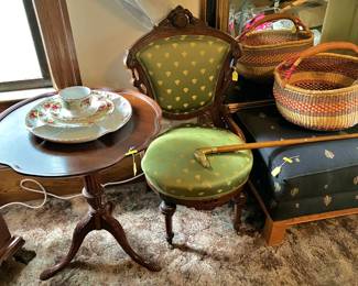 One of three pie crust tables; Victorian Chair; Hand Made Basket and Large Ottoman