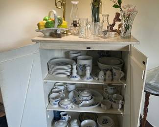 Vintage white cabinet  full of Pfatzgraff
