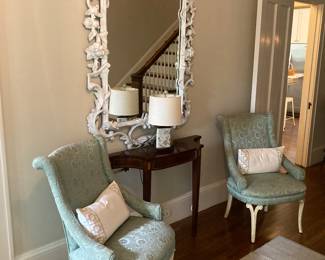 Foyer Mirror complimented w/Celadon Slippered Arm Chairs & Demi lune Console Table