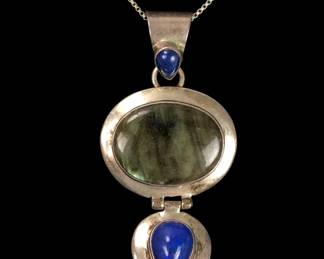 Sterling Silver Labradorite & Lapis Lazuli Pendant Necklace (Made In Italy)