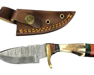 Damascus Steel Hunting Knife With Carved Bone Handle
