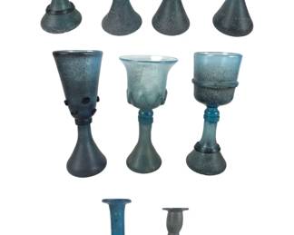 Vintage Venetian Blue Pulegoso Hand Blown Glass Goblets, Vase & Candlestick