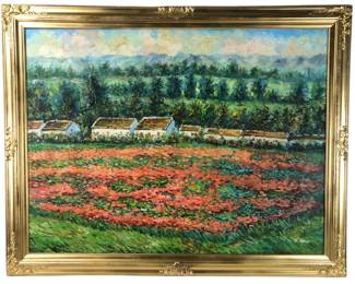(After) Claude Monet "Field Of Poppies, Giverny" Oil On Canvas Painting, Signed