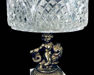 Cut Glass Compote Dish With Cherub/ Koi Fish Brass & Marble Base - #S6-3