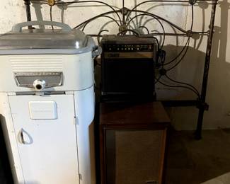 Vintage CRATE amplifier, speakers, iron headboard & footboard, Electric Turkey Roaster