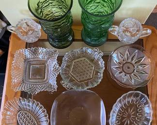 Vintage Emerald Green Crinkle Glass Vase Antique Cut Glass Sugar Bowl And Creamer Other