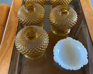 5 Vintage Amber Gold Hobnail Glass Globe Chandelier Shade White Anchor Hocking Ashtray