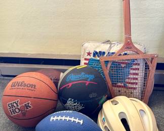 Vintage Tennis Racquet With Bracket Holder Assortment Of Sporting Balls Other