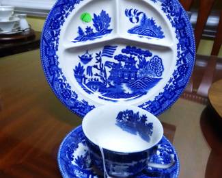 Vintage Flow Blue Blue Willow Grill Plate, Cup & Saucer