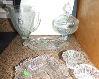Vintage glassware including Iris & Herringbone Pitcher