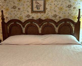 King-sized wooden scalloped and rattan/wood cane headboard