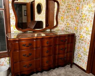 French provisional wooden dresser with glass top and attached mirror