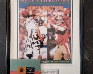 JOE MONTANA AND DAN MARINO DUAL SIGNED 16X12 UPPER DECK CERTIFIED. FRAMED