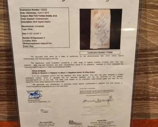 MICKEY MANTLE + 5 AUTOGRAPHS ON NAPKIN