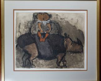 Girl on Rhino Aquatint Etching - Graciela Rodo Boulanger